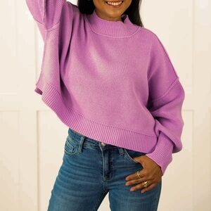 Zenana Pink Purple Cropped Split Hem Mock Neck Cotton Blend Sweater Size L/XL